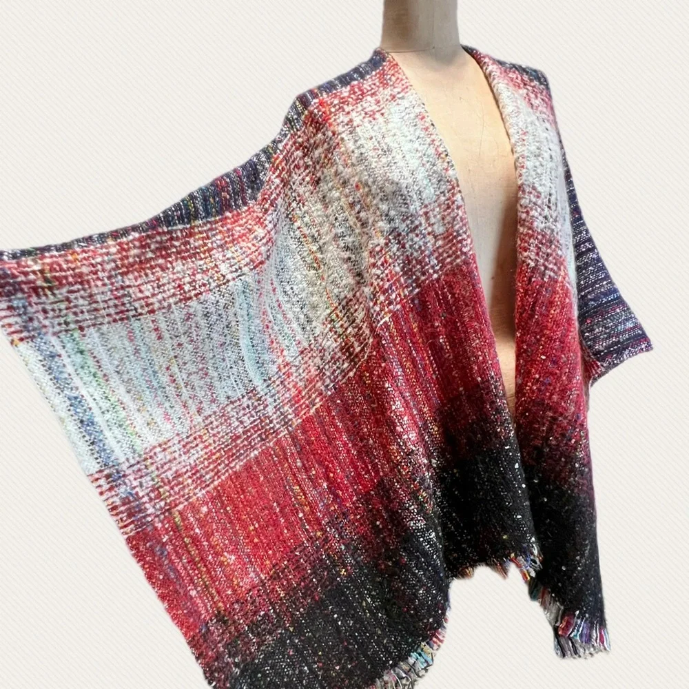 Red gray stripe wrap maxi‎ long length cape shawl poncho scarf pinklicious new